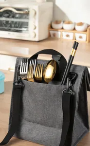 Gray insulated lunch bag detail showing front pocket for utensils in kitchen setting