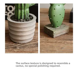 Close-up of textured resin cactus showing detailed horizontal pot ripples and wood grain base