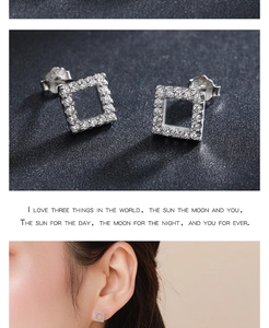 Macro shot and model wearing square sterling silver stud earrings with micro pave stones