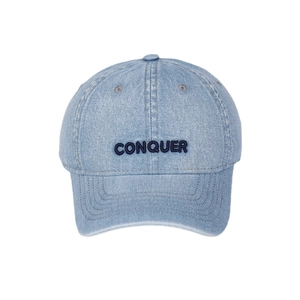 Vintage washed light blue denim baseball cap with CONQUER embroidery for men and women