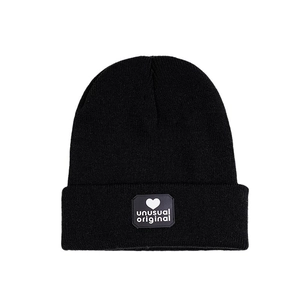 Classic black knitted beanie with a heart logo and unusual original text patch