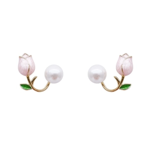 Elegant pink tulip pearl earrings with gold base and green leaf detail on white background