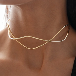 Minimalist Wavy Alloy Choker Necklace Geometric Double Layer Gold Plated Open Collar For Women Fashion Jewelry