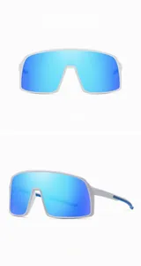 Close-up detail of white TR90 frame and blue polarized lens on sports cycling sunglasses
