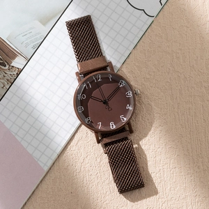 Retro deep brown women's watch with milanese mesh strap and artistic numeric dial