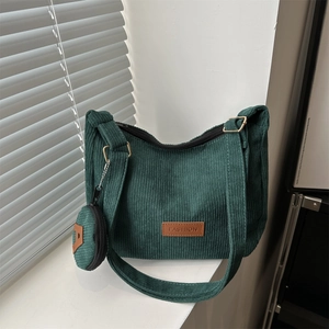 Corduroy Shoulder Bag For Women Large Capacity Tote Casual Street Style With Small Round Coin Purse Fashion Patch