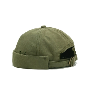 Olive green retro brimless docker hat in heavy canvas with adjustable strap