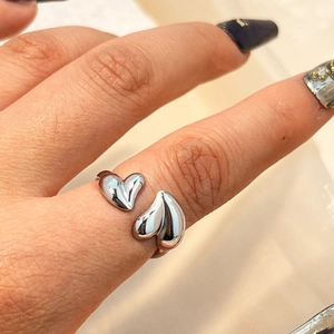 Polished silver heart-shaped open adjustable ring in stainless steel for women