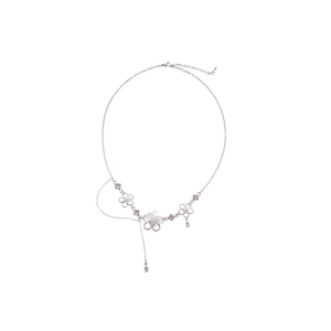 Floral silver tassel necklace with faux pearls and zircon in minimalist style
