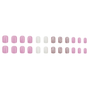 Short square press-on nails in macaron pink and white with glitter and bead accents