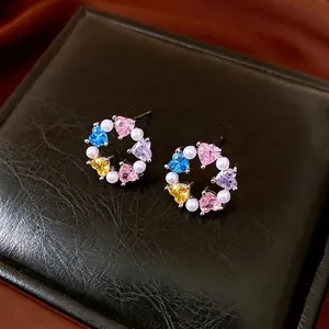 Elegant silver circle earrings with colorful heart crystals and delicate white pearls