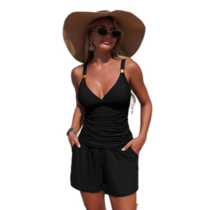 Maillot de bain tankini deux pièces noir avec col en V, drapé amincissant et shorty