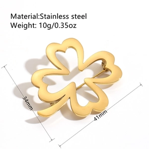 Golden hollow four-leaf clover brooch in stainless steel with size and weight specs