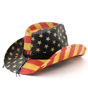 Detail view of woven USA flag straw cowboy hat featuring stars and stripes patterns
