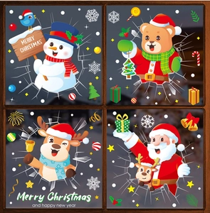 Detail von Weihnachtsfensteraufklebern mit Schneemann, Rentier und Weihnachtsmann