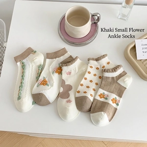 Women Ankle Socks Combed Cotton Seamless Toe Floral Embroidery Color Block Ribbed Cuff Casual Sweet Low Cut