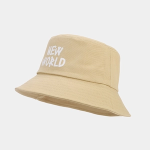 Detail view of khaki cotton bucket hat with NEW WORLD embroidery and reinforced stitching