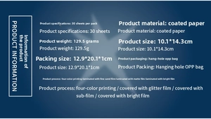 Specifications of 30 sheets coated paper sticker book with size 10.1x14.3cm details