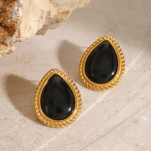Boucles d'oreilles ovales en acier inoxydable rétro avec pierre noire et bordure dorée
