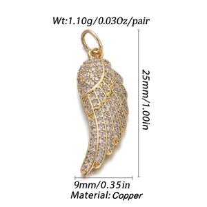 Macro detail of golden angel wing pendant with clear zircon inlay and size parameters