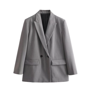 Classic grey double-breasted suit jacket for women with a sharp tailored fit and notch lapel