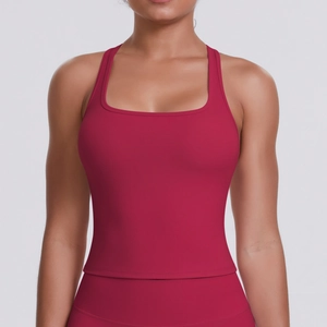 Front view of a dark red racerback yoga tank top showing square neck and brushed fabric