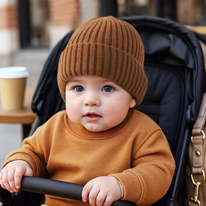 Knitted baby beanie and sweater set in warm caramel brown for autumn and winter outdoor wear