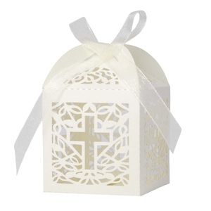 Elegant white laser-cut cross favor box with white ribbon for wedding and baptism candy