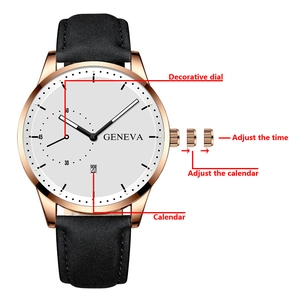 Detail of quartz watch showing rose gold case and calendar setting adjustment guide