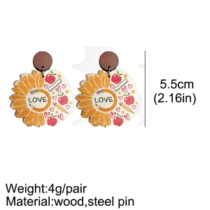 Detail view of sunflower wooden earrings for teachers with size and material specifications