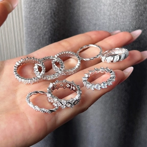 Detailed shot of S925 sterling silver rings with various cubic zirconia stone shapes