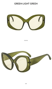 Detail view showing military green cat eye sunglasses frames from front and side angles