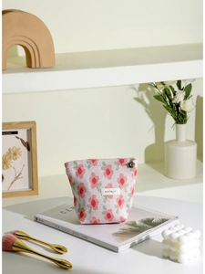 Floral knit makeup bag for women, high capacity storage pouch with zip closure and flower charm