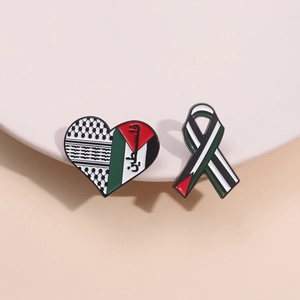 Palestine flag heart and ribbon enamel pin set with Keffiyeh pattern and Arabic script