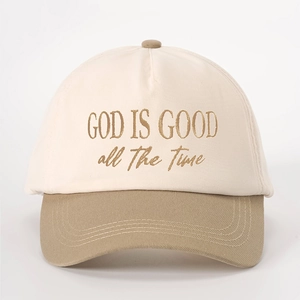 Retro baseball cap with God is Good embroidery in beige and khaki contrast color