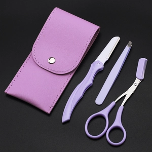 Professional 4-piece purple eyebrow grooming set with folding razor and leather case