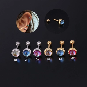 Minimalist Round Moonstone Cartilage Stud Earrings Stainless Steel Screw Ball Back Piercing Jewelry Colorful