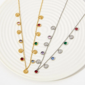 Gold and silver stainless steel necklaces with shell pendants and colorful zircon stones