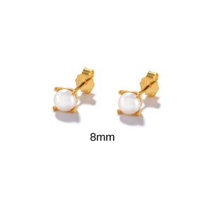 Classic 8mm white pearl stud earrings with 925 sterling silver gold plated four-claw setting