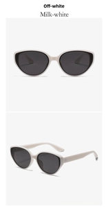 Detail of milk-white cat eye sunglasses with grey lenses in front and side views