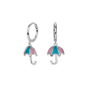 S925 Sterling silver hoop earrings with creative pink and teal enamel umbrella charms