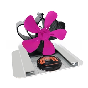 Detail of 5-blade heat powered stove fan with pink aluminum blades and magnetic thermometer