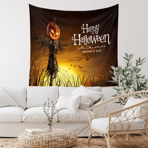 Detail of Halloween tapestry with pumpkin scarecrow and Happy Halloween text decor