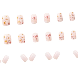 Faux ongles à coller avec motifs de lapins mignons, style graffiti rose fait main, 24 pièces