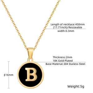 Detail view of 18K gold plated necklace with dimensions of the black letter B pendant