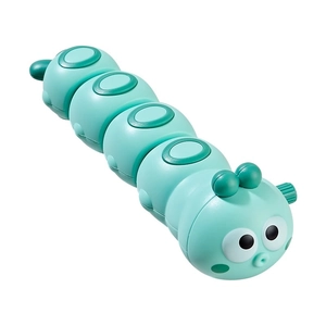 Green wind-up caterpillar toy for children showing clockwork mechanism and colorful body
