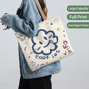 Spacious Canvas Tote Bag Cartoon Print Aesthetic Shoulder Handbag For Women Casual Daily Student Use Zip Closure