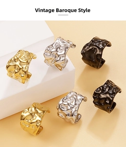 Retro baroque U-shaped ear cuffs with hammered lava texture in gold silver and black