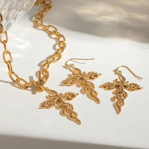 Classic 18k gold stainless steel cross flame earrings and thick chain necklace set