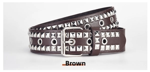 Detailed macro view of brown PU leather belt with silver square rivets and eyelet studs